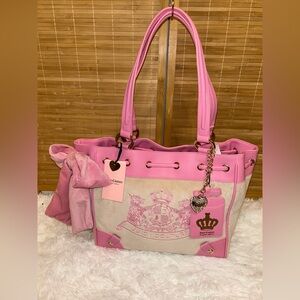 NWT Juicy Couture light tan Pink Classic Scottie Dogs Tote Daydreamer purse Y2K